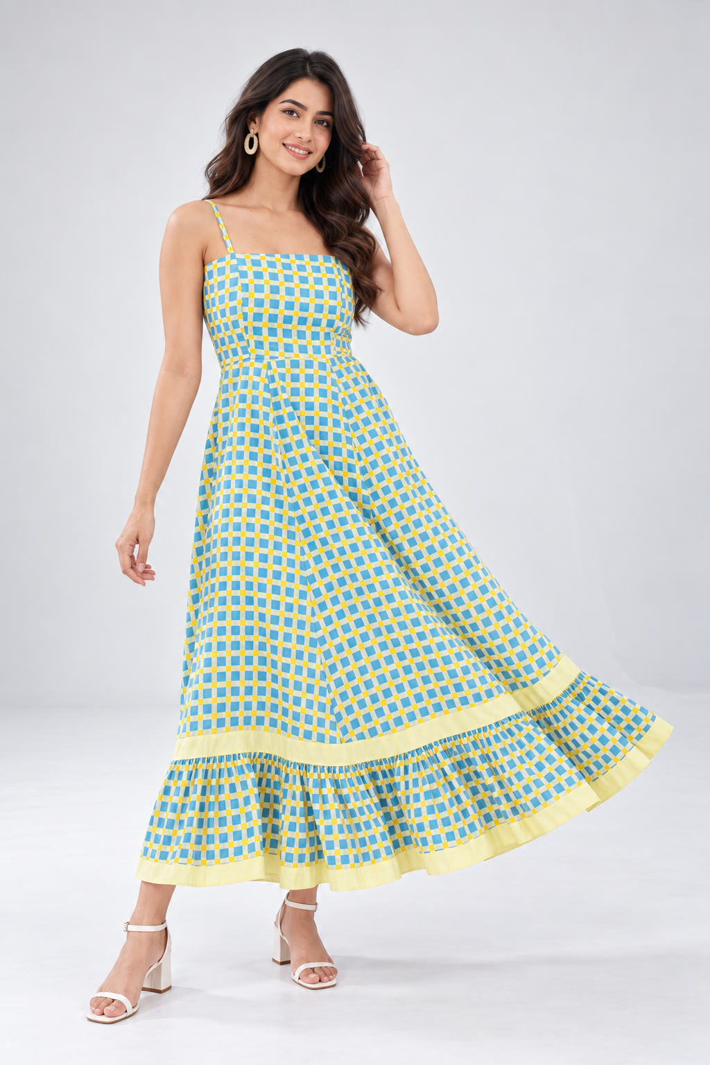 Women Blue & Yellow Gingham Check Fit & Flare Midi Dress with Ruffle Hem