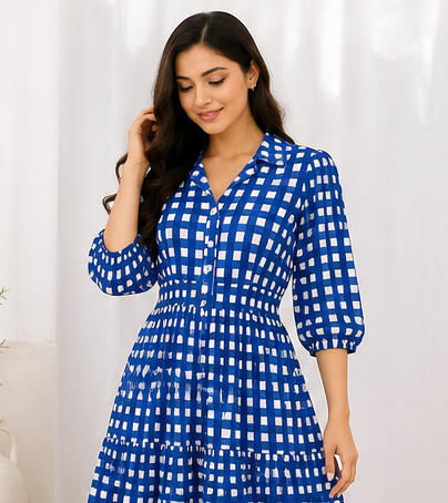 Women Blue Checked Tiered Maxi Dress with V-Neck, Button Front & 3/4 Sleeves