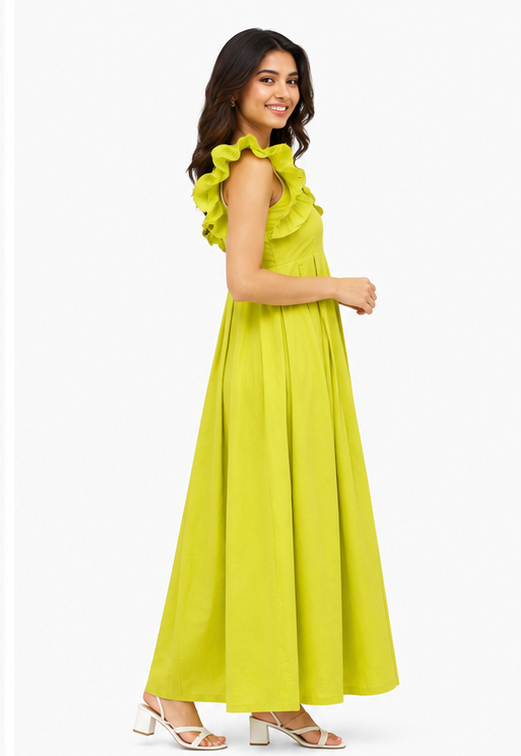 Women Lime Green Solid Square Neck Fit & Flare Maxi Dress