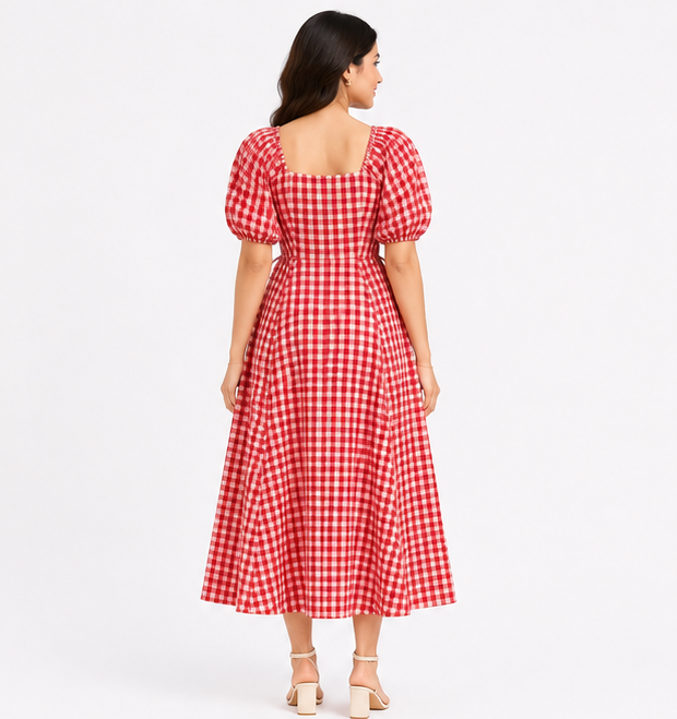 Women Red Gingham Check Midi Dress with Square Neck & Puff Sleeves