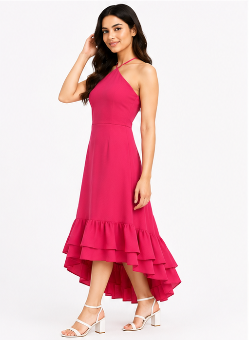 Women Hot Pink Halter Neck High Low Maxi Dress with Layered Ruffle Hem
