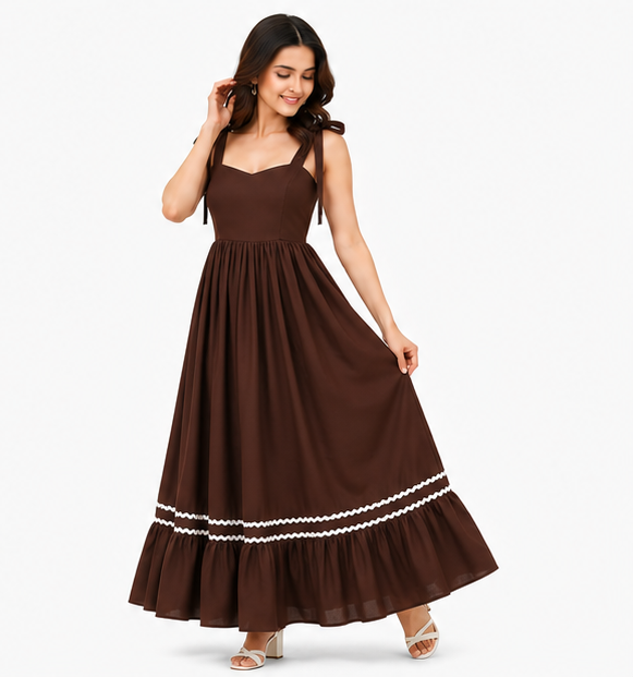 Women Brown Solid Tie Strap Fit & Flare Tiered Midi Dress