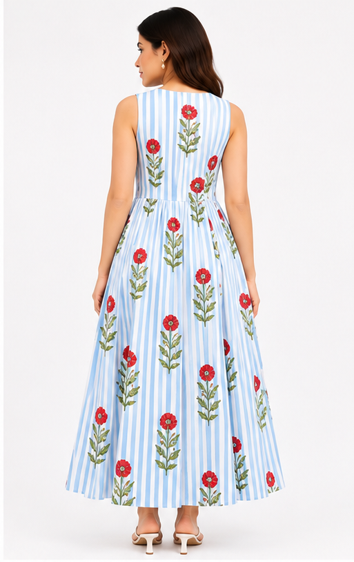 Women Blue Striped Floral Print Fit & Flare Maxi Dress – Sleeveless Summer Dress