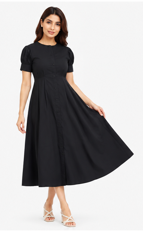 Women Black Solid Button Down Fit & Flare Midi Dress with Puff Sleeves