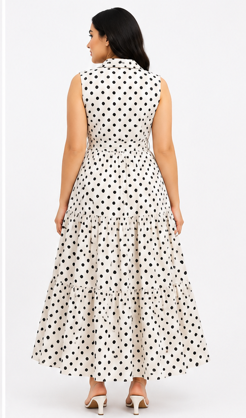 Women White & Black Polka Dot Tiered Maxi Dress with Collared Neck & Waist Tie Belt
