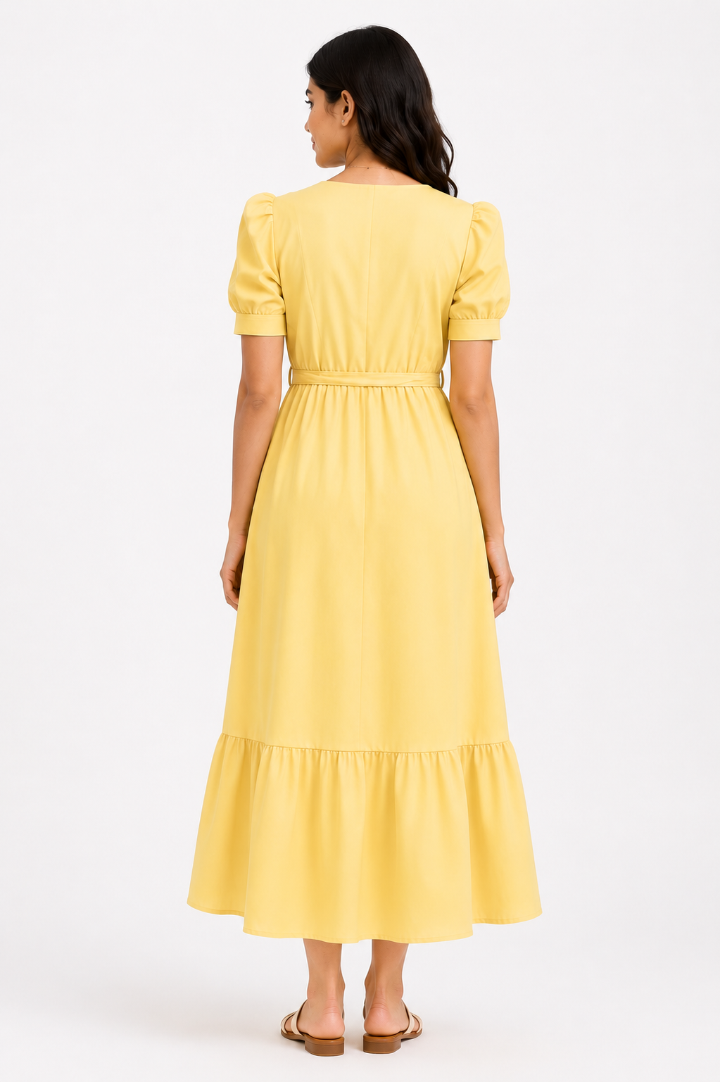 Women Yellow Solid V-Neck Fit & Flare Midi Dress with Puff Sleeves & Waist Tie