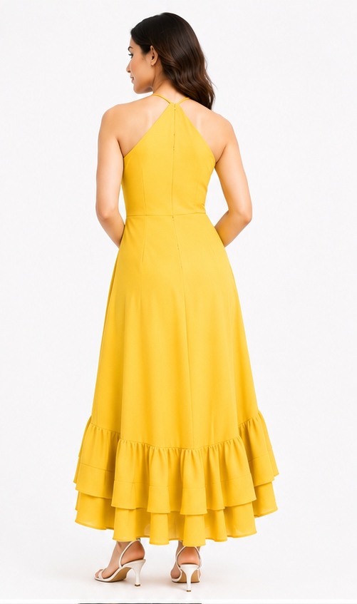 Women Yellow Halter Neck High Low Maxi Dress with Layered Ruffle Hem