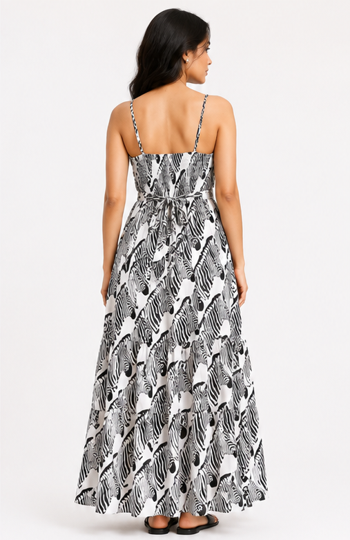 Women Black & White Abstract Animal Print Tiered Maxi Dress with Spaghetti Straps