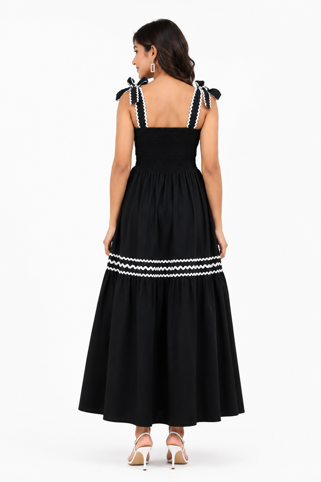 Women Black Maxi Dress with Contrast White Lace Detailing & Tie-Up Straps