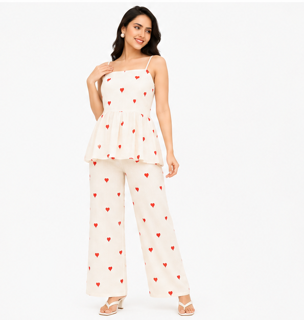 Women White Heart Printed Spaghetti Strap Peplum Top with Wide Leg Pants
