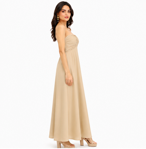 Women Beige Solid Strapless Ruched Maxi Dress