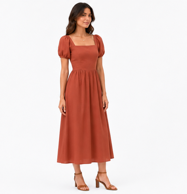 Women Rust Brown Solid Square Neck Puff Sleeve Midi Dress