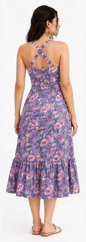 Women Purple Floral Printed Halter Neck Fit and Flare Midi Dress