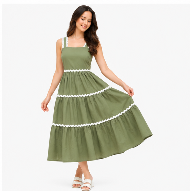 Women Olive Green Solid Tiered Fit & Flare Midi Dress with Contrast Trim