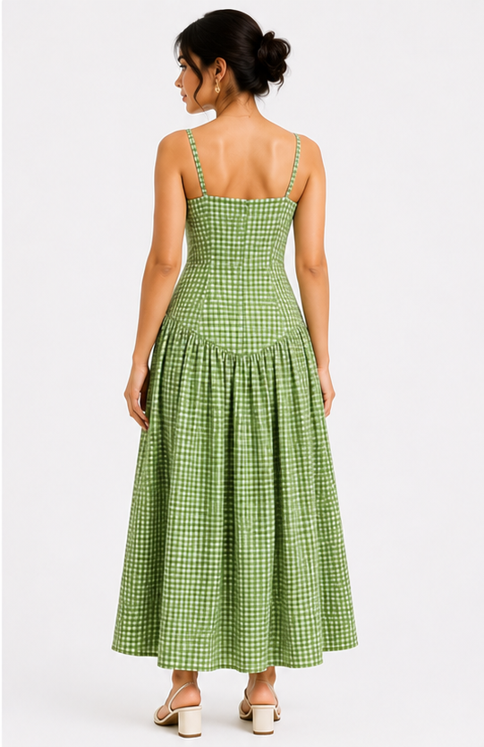 Women Green Gingham Check Maxi Dress with Twist Front Sweetheart Neck & Spaghetti Straps