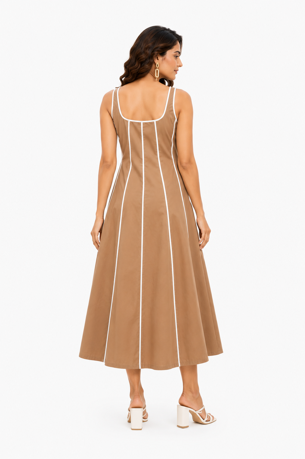 Women Brown A-Line Midi Dress with White Contrast Stripes