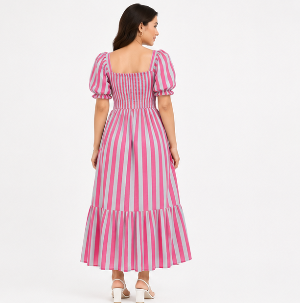 Women Pink and White Striped Midi Dress with Square Neck & Puff Sleeves