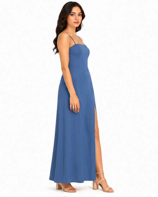 Women Blue Solid Spaghetti Strap Slit Maxi Dress