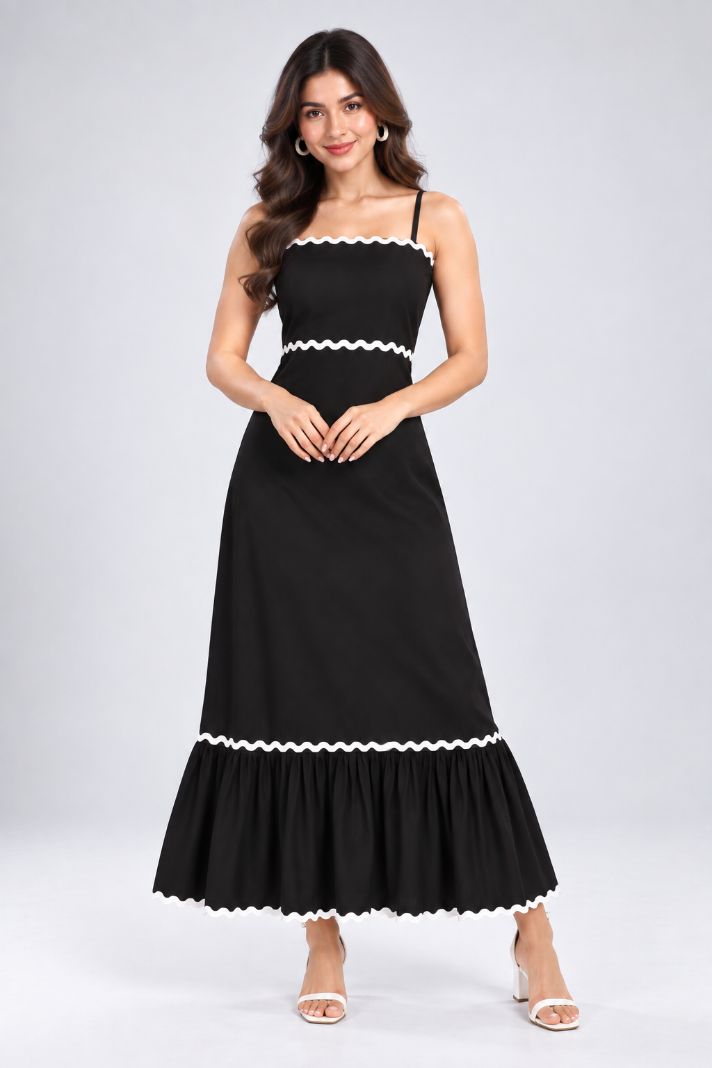 Women Black Contrast Trim A-Line Maxi Dress with Flared Hem