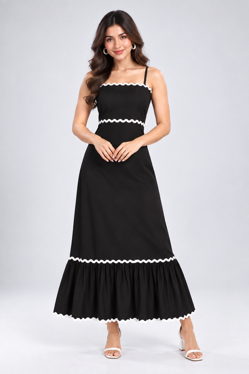 Women Black Contrast Trim A-Line Maxi Dress with Flared Hem