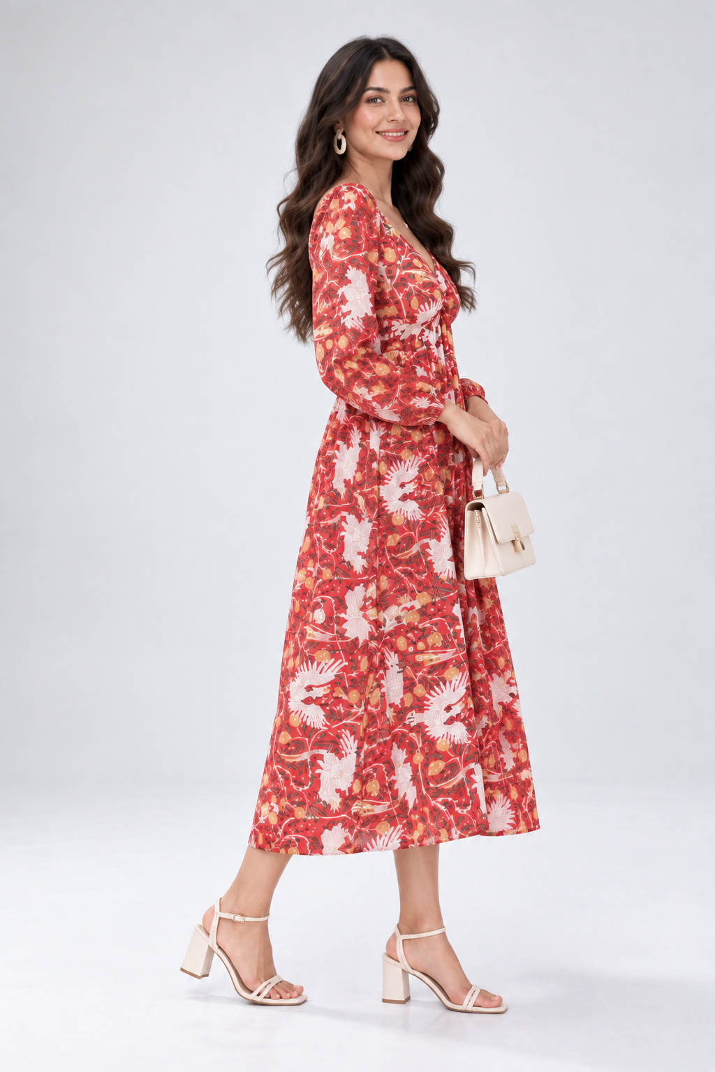 Women Red Floral Printed Midi Dress with V-Neck & Long Sleeves