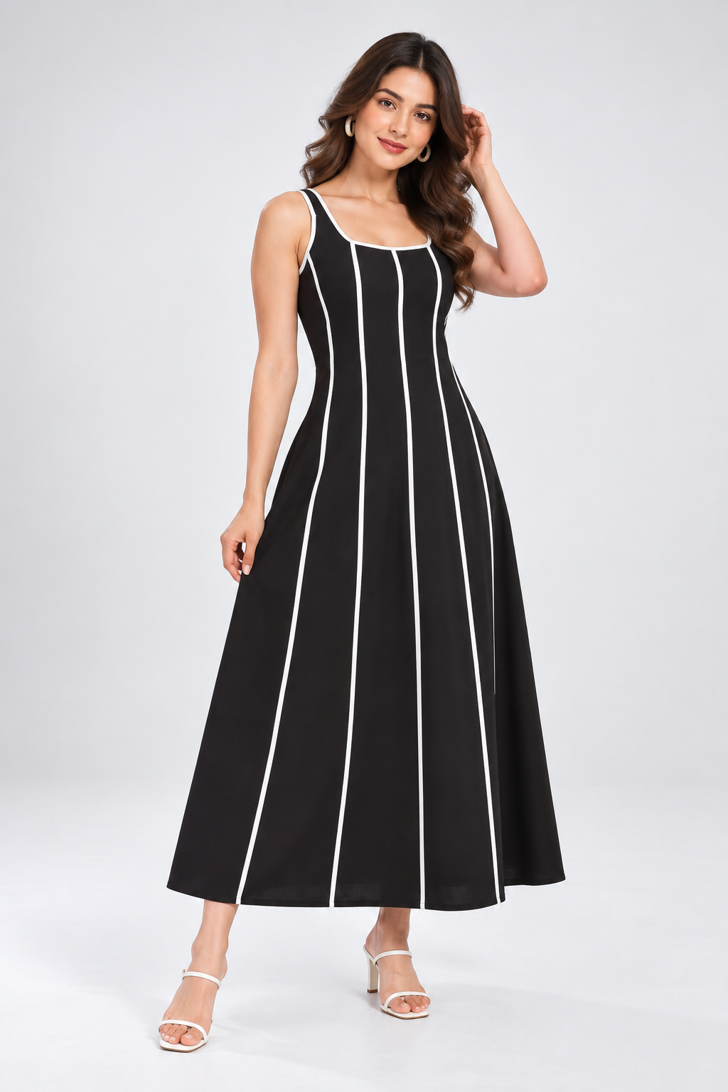 Women Black & White Contrast Panel A-Line Maxi Dress