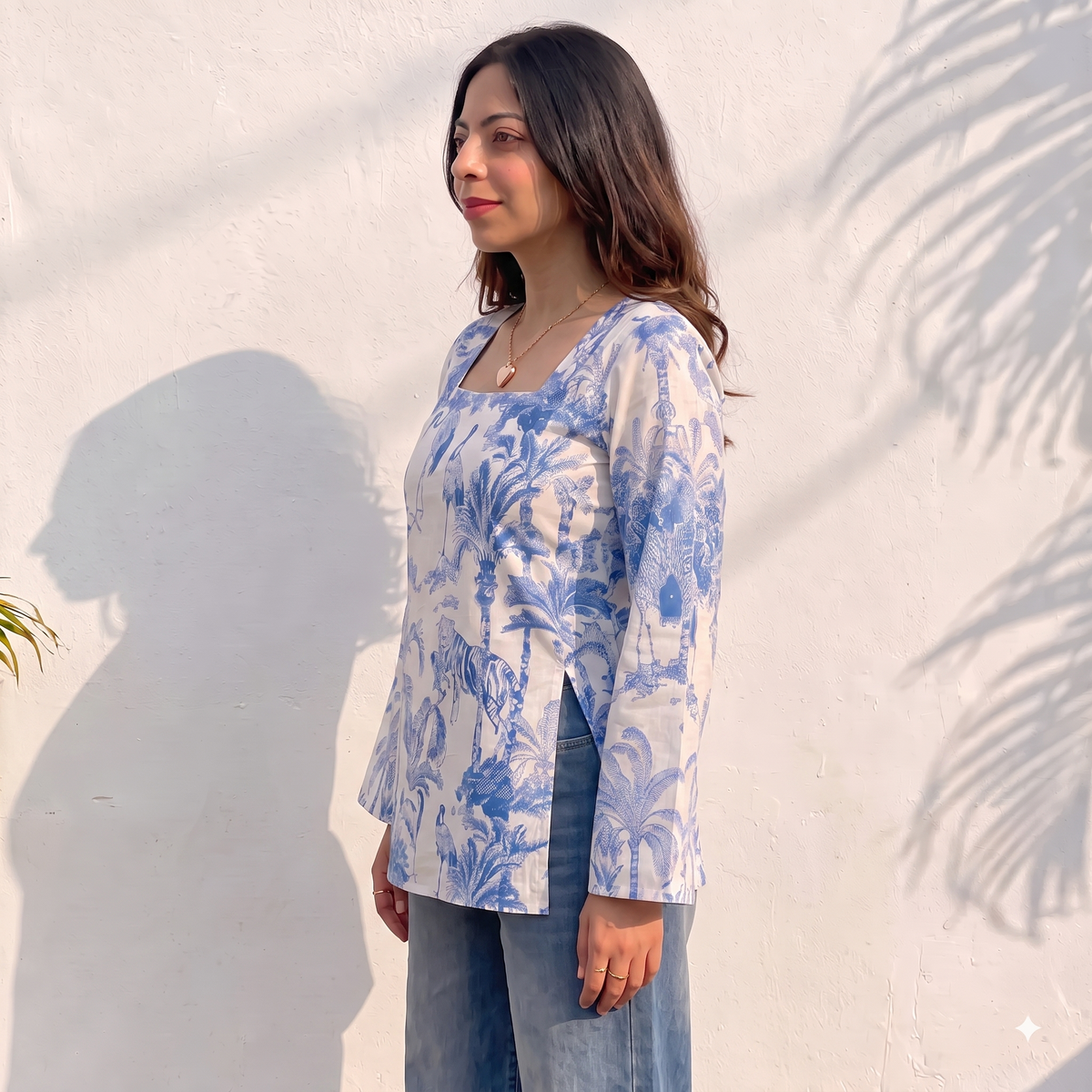 Women White Blue Floral Printed Square Neck Long Sleeve Top