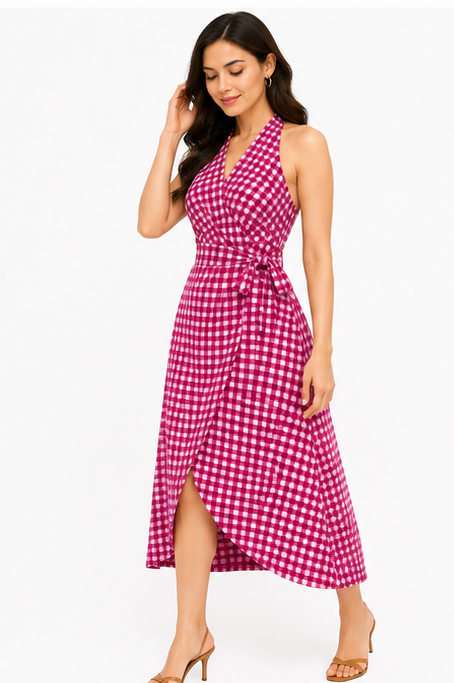 Women Pink Gingham Checked Halter Neck Wrap Midi Dress