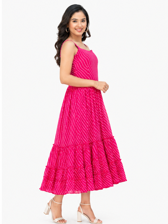 Women Pink Striped Printed Fit & Flare Tiered Midi Dress