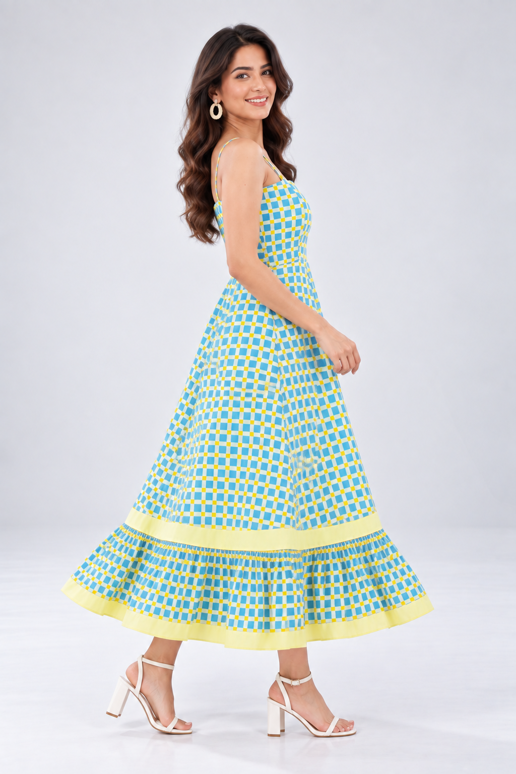 Women Blue & Yellow Gingham Check Fit & Flare Midi Dress with Ruffle Hem