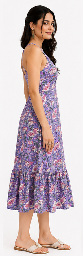 Women Purple Floral Printed Halter Neck Fit and Flare Midi Dress