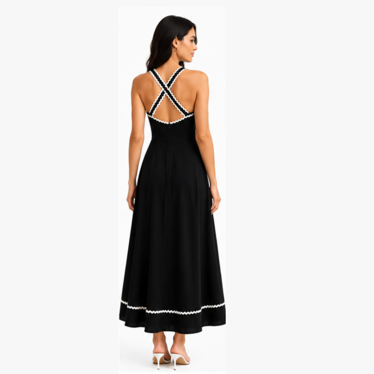Women Black Contrast Trim Fit and Flare Midi Dress with Cut Out