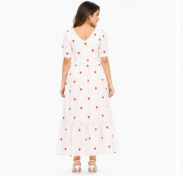 Women White Heart Printed V Neck Tiered Fit and Flare Midi Dress