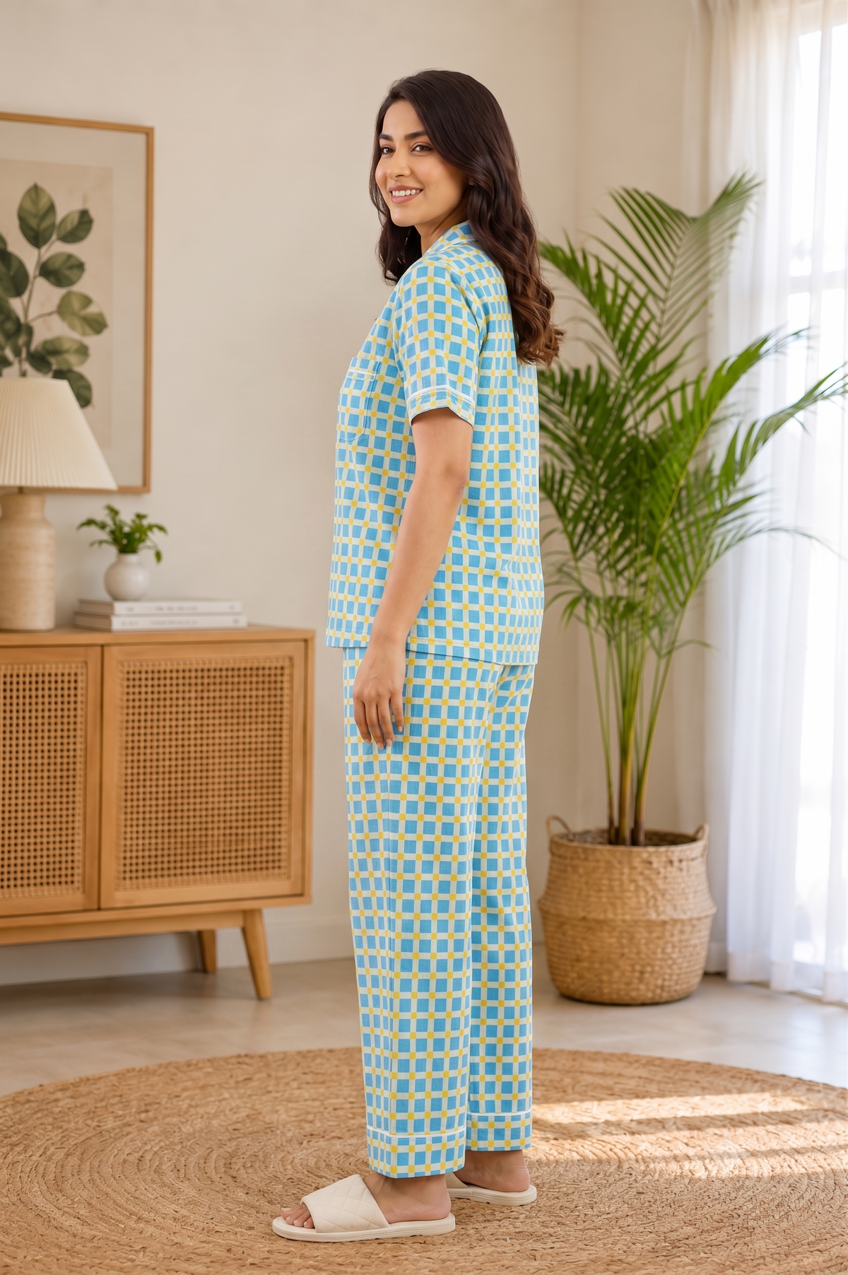 Women Blue & Yellow Gingham Check Button Front Shirt & Wide Leg Pants Co-Ord Set