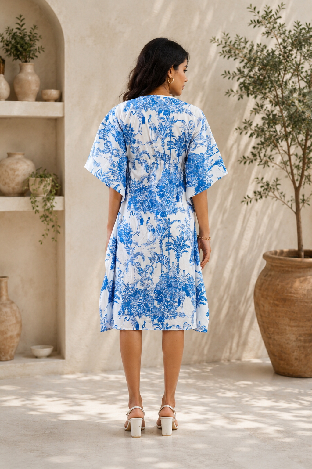 Women White Blue Printed V-Neck Midi Dress with Flared Sleeves