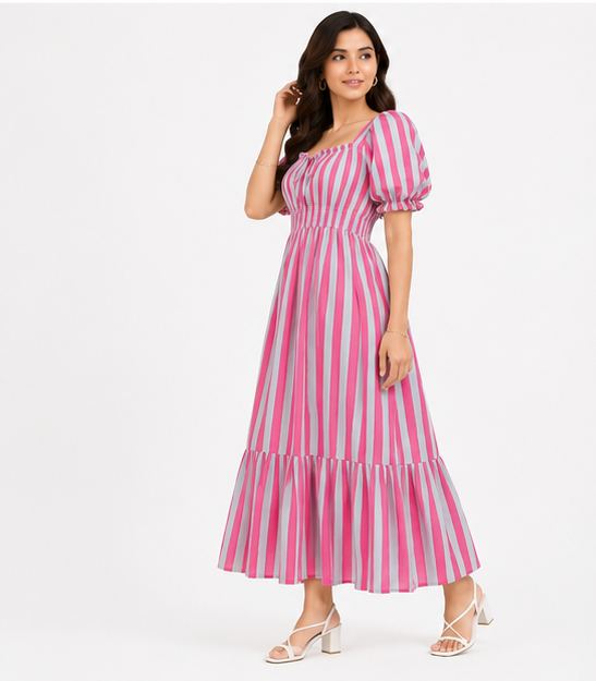 Women Pink and White Striped Midi Dress with Square Neck & Puff Sleeves