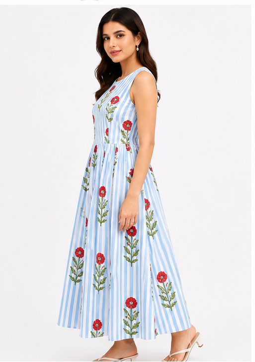 Women Blue Striped Floral Print Fit & Flare Maxi Dress – Sleeveless Summer Dress