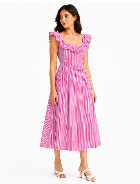 Women Pink Striped Printed Fit and Flare Midi Dress with Ruffle Neck