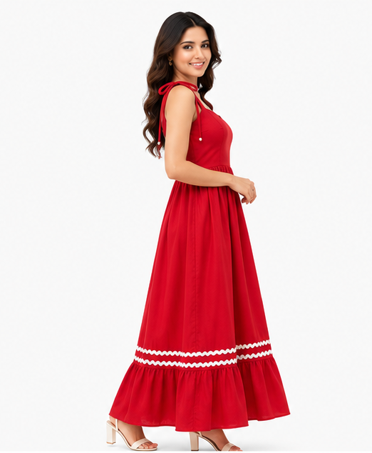 Women Red Solid Tie Strap Fit and Flare Tiered Midi Dress