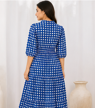 Women Blue Checked Tiered Maxi Dress with V-Neck, Button Front & 3/4 Sleeves