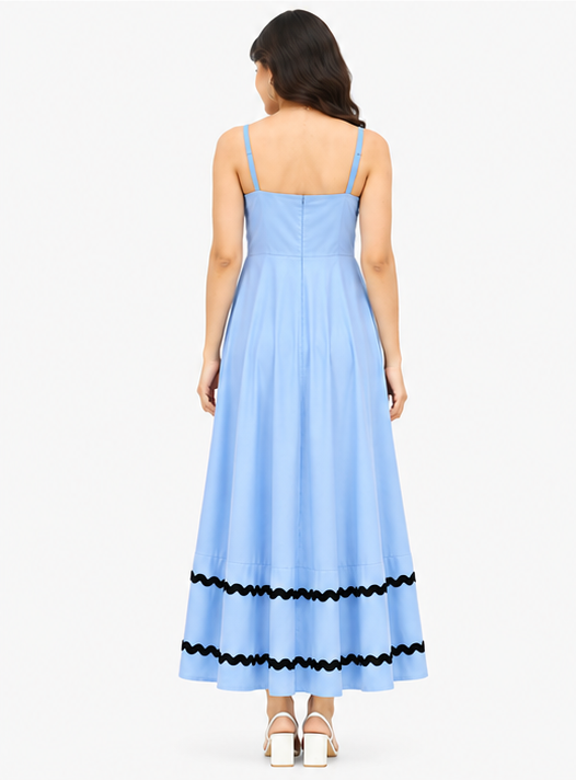 Women Light Blue Solid Contrast Trim Fit & Flare Tiered Maxi Dress