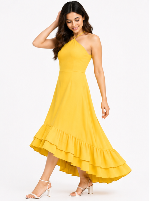 Women Yellow Halter Neck High Low Maxi Dress with Layered Ruffle Hem