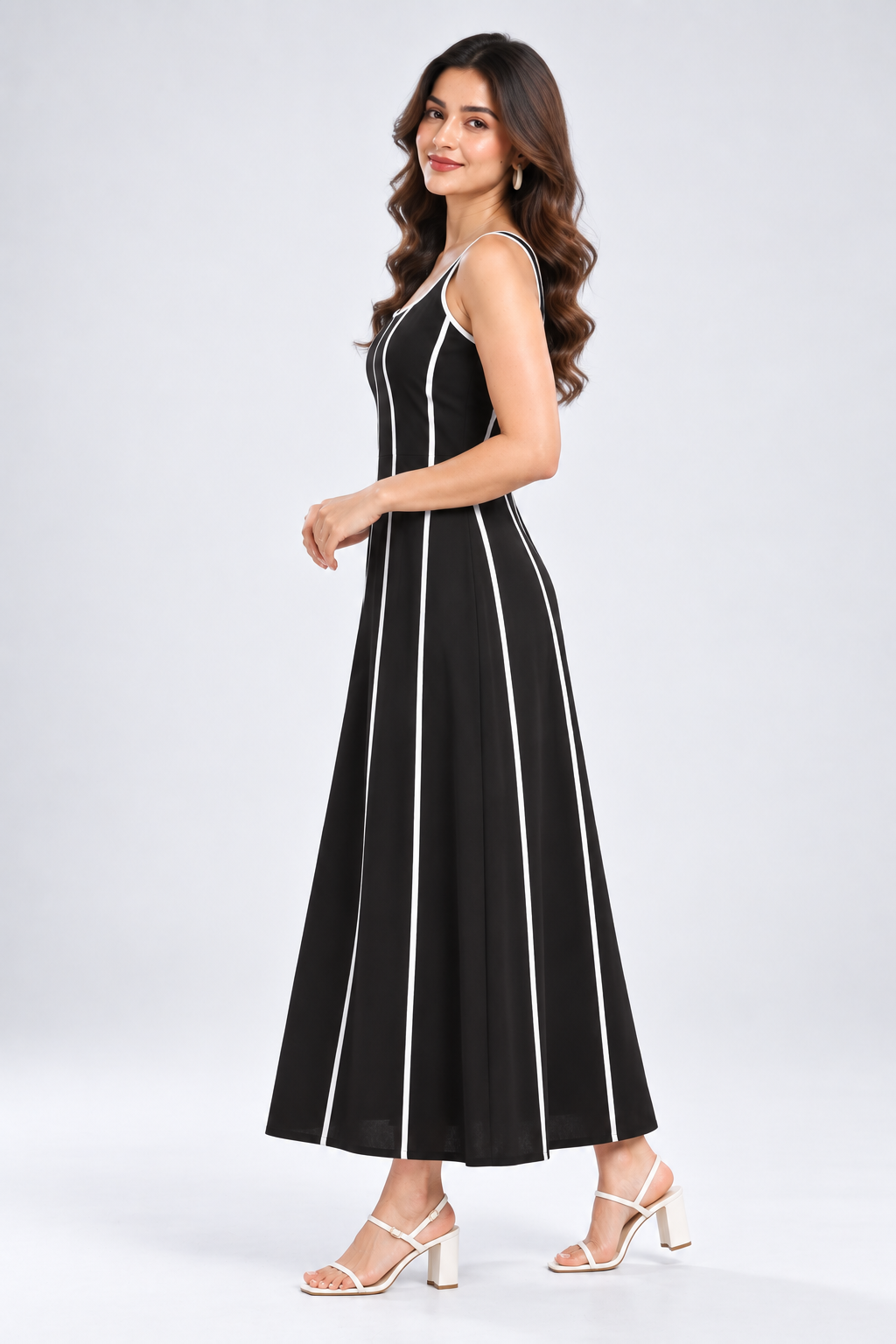 Women Black & White Contrast Panel A-Line Maxi Dress