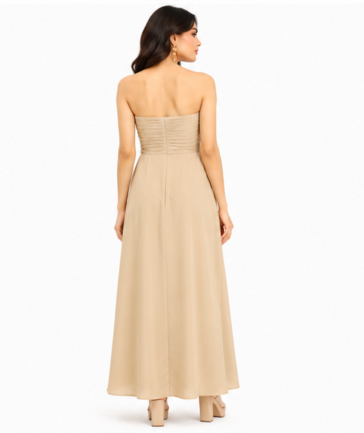 Women Beige Solid Strapless Ruched Maxi Dress