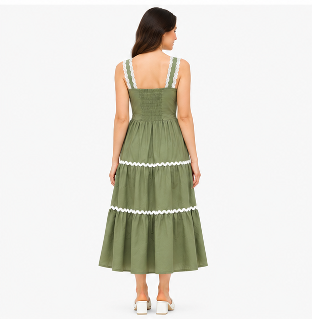 Women Olive Green Solid Tiered Fit & Flare Midi Dress with Contrast Trim