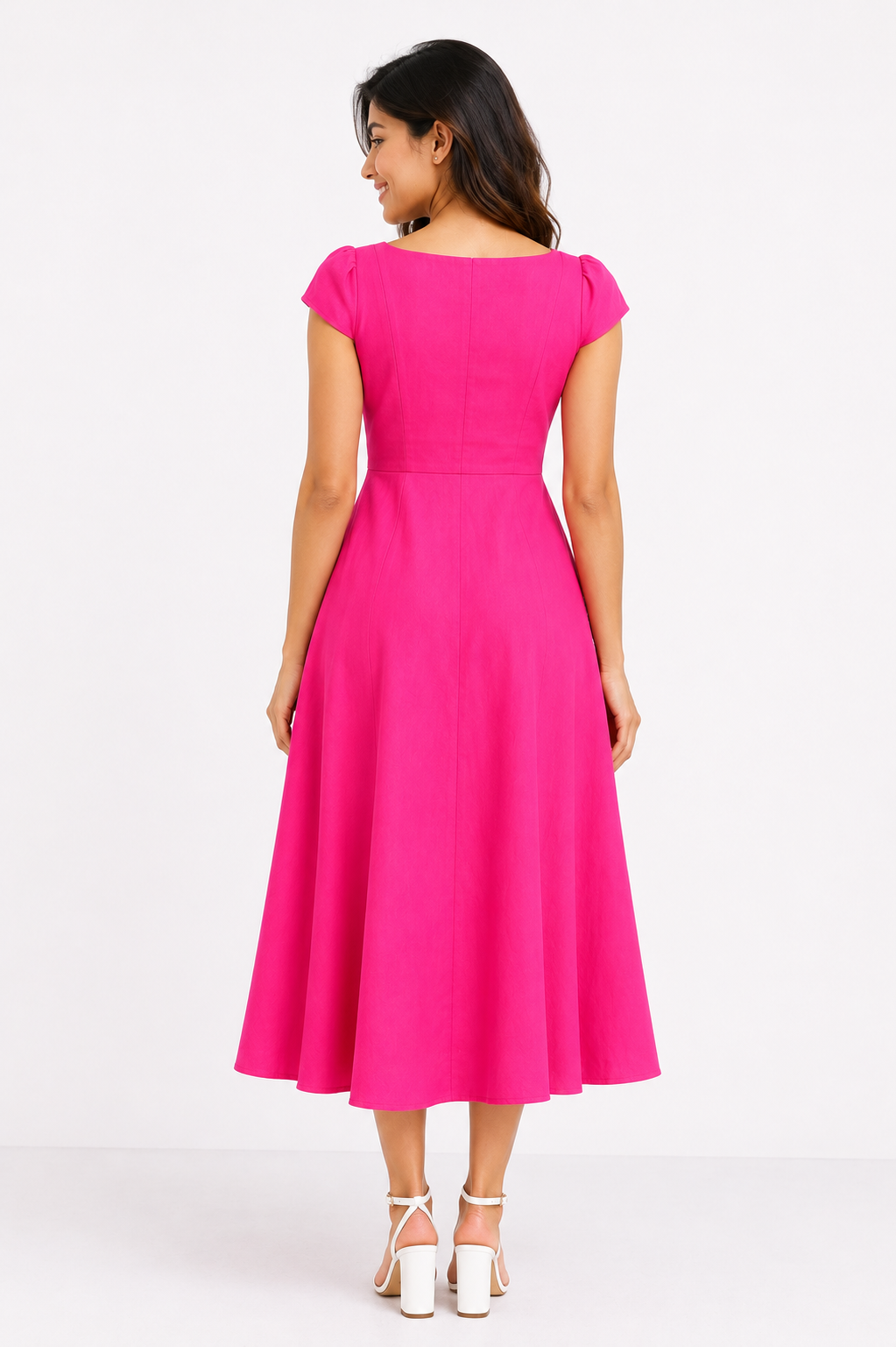 Women Pink Fit & Flare Midi Dress with Sweetheart Neckline & Short Sleeves