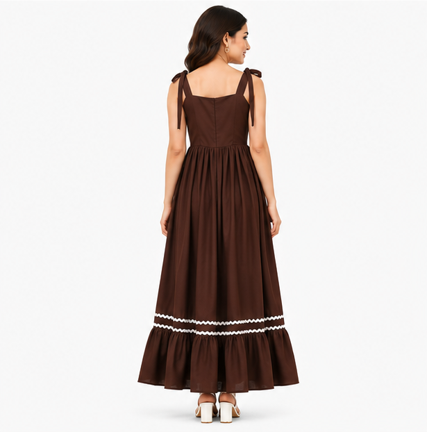 Women Brown Solid Tie Strap Fit & Flare Tiered Midi Dress