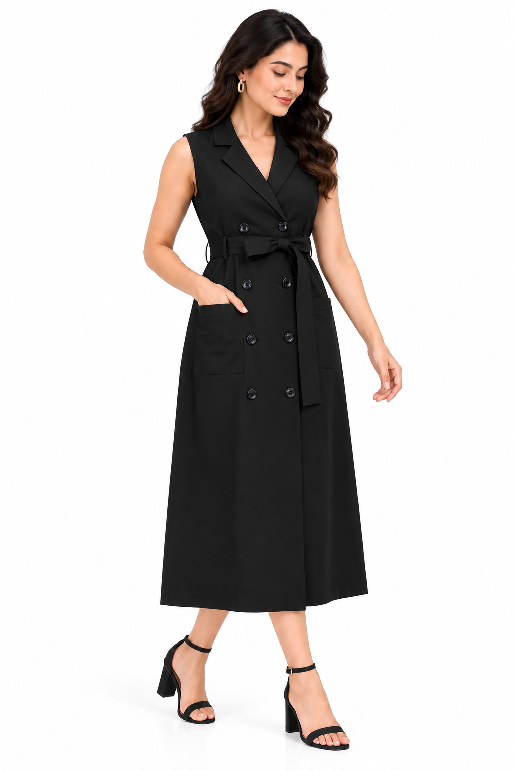 Women Black Solid Double Breasted Belted Blazer Style Midi Dress