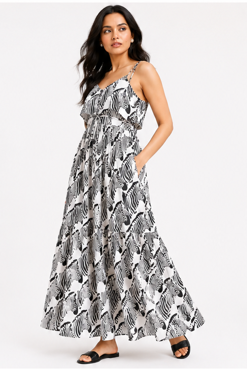 Women Black & White Abstract Animal Print Tiered Maxi Dress with Spaghetti Straps
