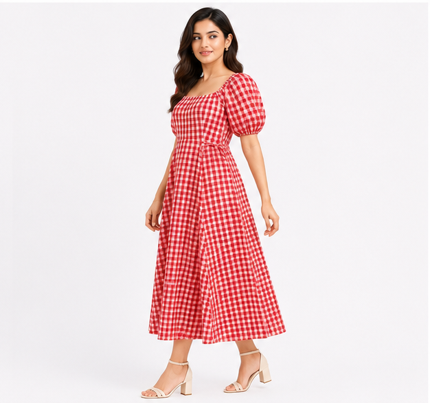 Women Red Gingham Check Midi Dress with Square Neck & Puff Sleeves